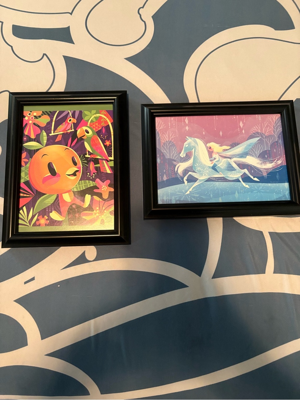 Elsa on horse postcard and Disney  keychains, Orange Bird postcard framed